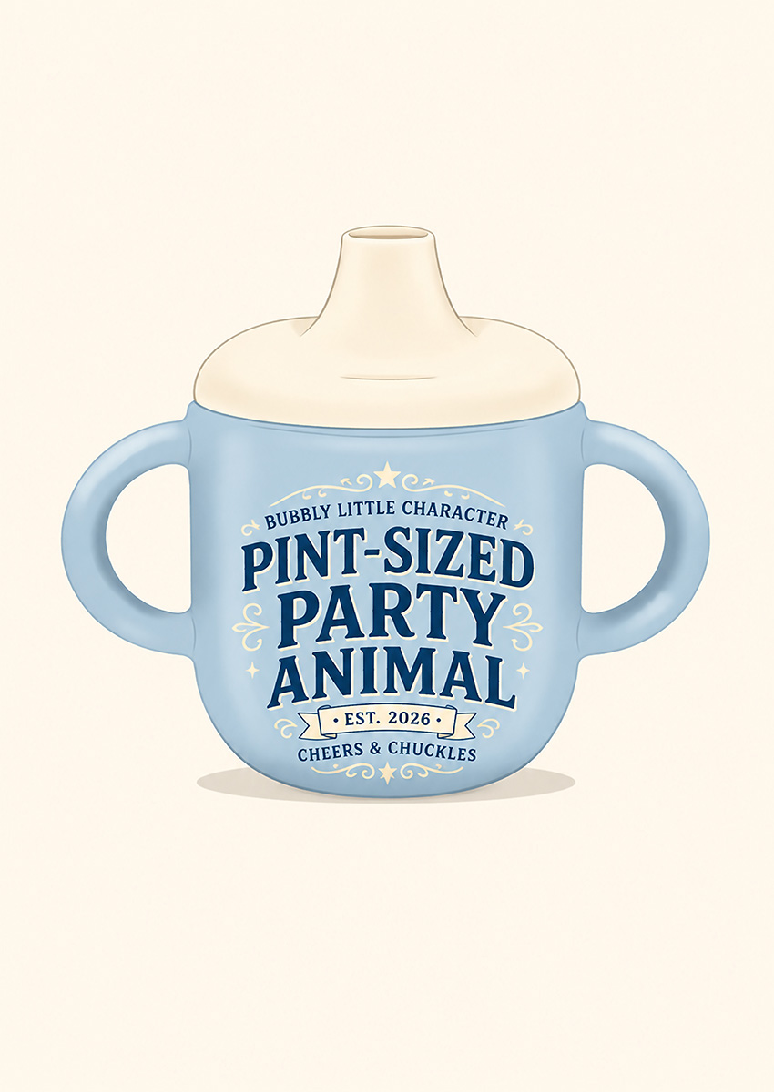 Illustration of a light blue baby bottle with the text Pint-Sized Party Animal in elegant vintage typography